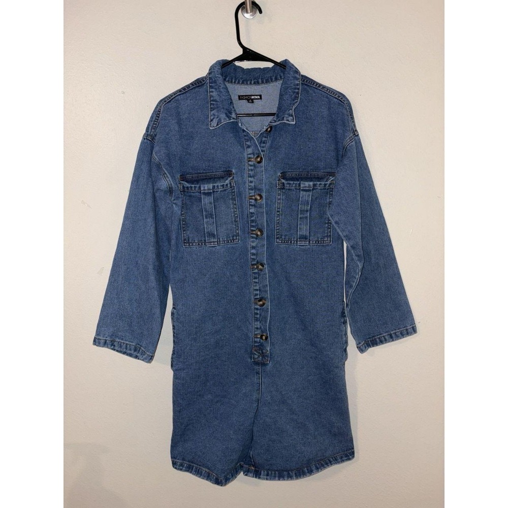 Fashion Nova Denim Romper Shortalls Long Sleeves Women Size Small